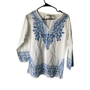 Kushi White & Blue Floral Embroidered Tunic Top Blouse Boho Hippie Small